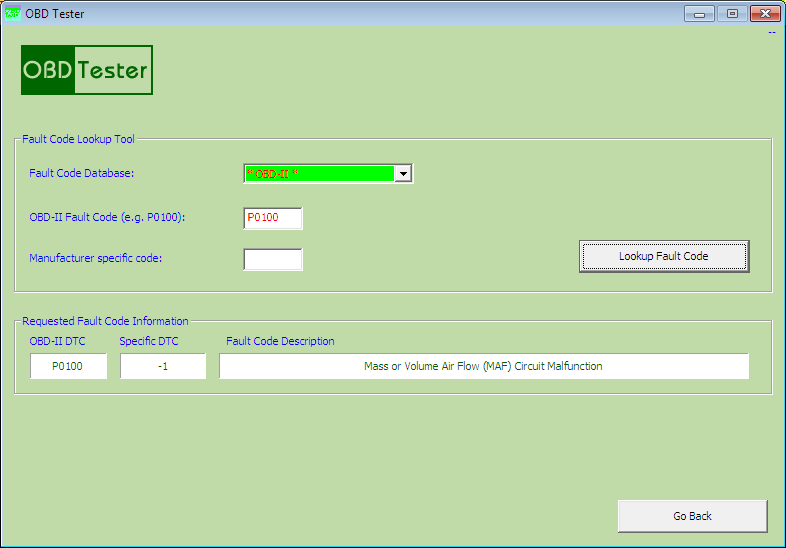 obdtester12: OBD-II diagnostic program screenshot