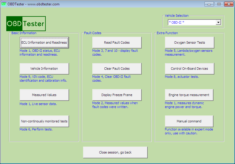 obdtester3: OBD-II diagnostic program screenshot